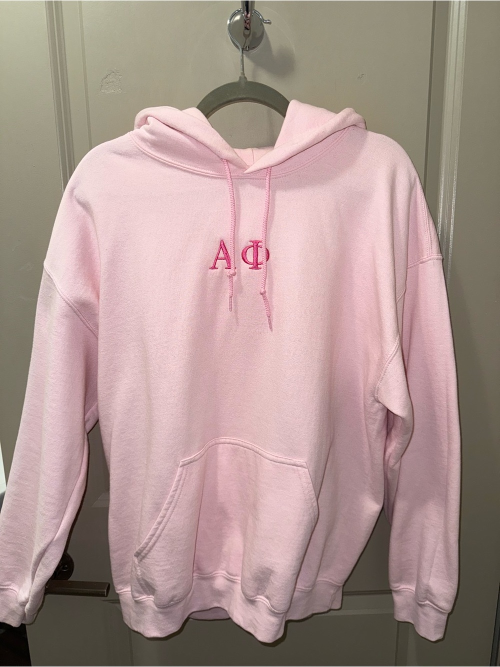 Light Pink Embroidered Alpha Phi (AΦ) Greek Letters Hoodie, Size M